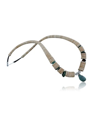 Certified Authentic Navajo .925 Sterling Silver Graduated Melon Shell and Turquoise Native American Necklace 370918167064