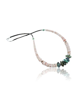 Certified Authentic Navajo .925 Sterling Silver Graduated Melon Shell and Turquoise Native American Necklace 370920558008