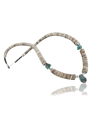 Certified Authentic Navajo .925 Sterling Silver Graduated Melon Shell and Turquoise Native American Necklace 370923100476