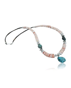 Certified Authentic Navajo .925 Sterling Silver Graduated Melon Shell and Turquoise Native American Necklace 370923427228