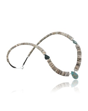 Certified Authentic Navajo .925 Sterling Silver Graduated Melon Shell and Turquoise Native American Necklace 370924736334