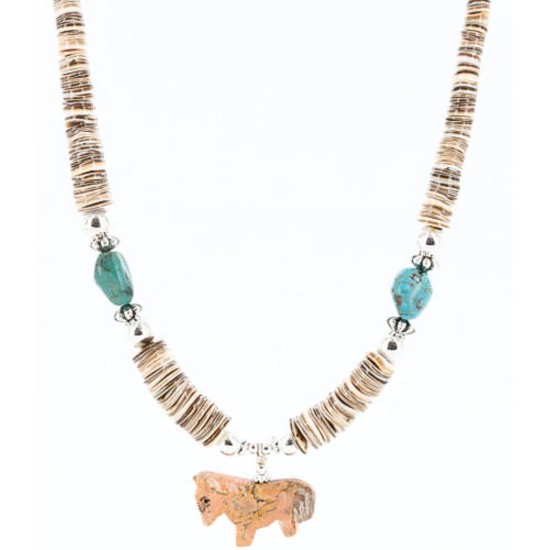 Certified Authentic Navajo .925 Sterling Silver Graduated Melon Shell and Turquoise Native American Necklace 371010510377
