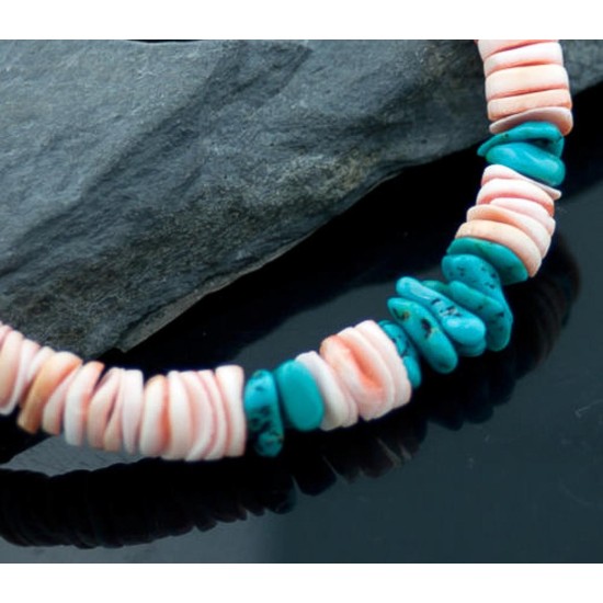 Certified Authentic Navajo .925 Sterling Silver Graduated Melon Shell and Turquoise Native American Necklace 390645813562