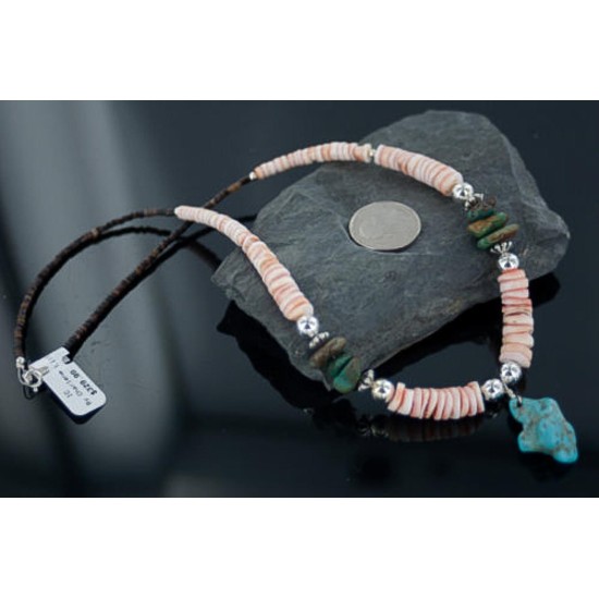 Certified Authentic Navajo .925 Sterling Silver Graduated Melon Shell and Turquoise Native American Necklace 390656753479