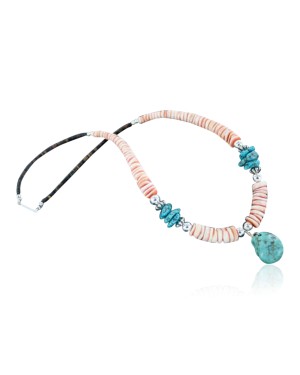 Certified Authentic Navajo .925 Sterling Silver Graduated Melon Shell and Turquoise Native American Necklace 390658355537