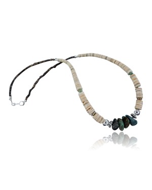 Certified Authentic Navajo .925 Sterling Silver Graduated Melon Shell and Turquoise Native American Necklace 390678635654