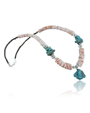 Certified Authentic Navajo .925 Sterling Silver Graduated Melon Shell and Turquoise Native American Necklace 390683545603