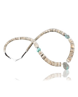 Certified Authentic Navajo .925 Sterling Silver Graduated Melon Shell and Turquoise Native American Necklace 390688226095
