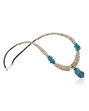 Certified Authentic Navajo .925 Sterling Silver Graduated Melon Shell and Turquoise Native American Necklace 7501008-21
