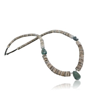 Certified Authentic Navajo .925 Sterling Silver Graduated Melon Shell and Turquoise Native American Necklace 7501008-37