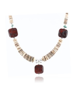 Certified Authentic Navajo .925 Sterling Silver Graduated Melon Shell and Turquoise Native American Necklace 790101-19