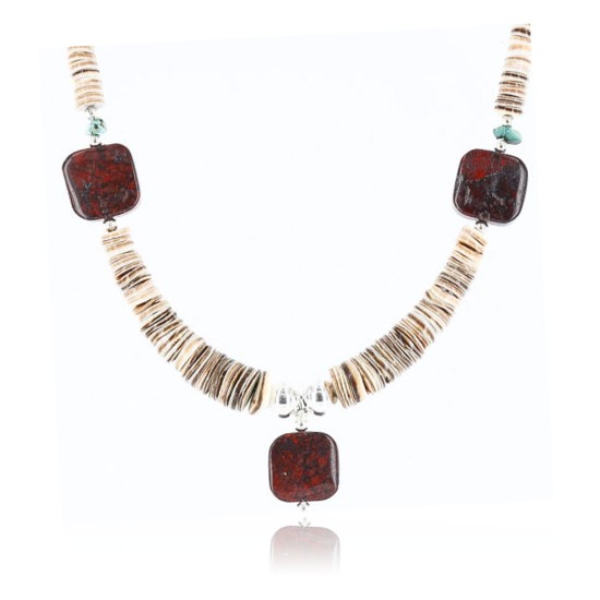 Certified Authentic Navajo .925 Sterling Silver Graduated Melon Shell and Turquoise Native American Necklace 790101-19