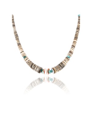 Certified Authentic Navajo .925 Sterling Silver Graduated Melon Shell and Turquoise Native American Necklace 790101-24
