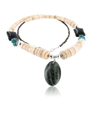 Certified Authentic Navajo .925 Sterling Silver Graduated Melon Shell and Turquoise ONYX Native American Necklace 750109-2