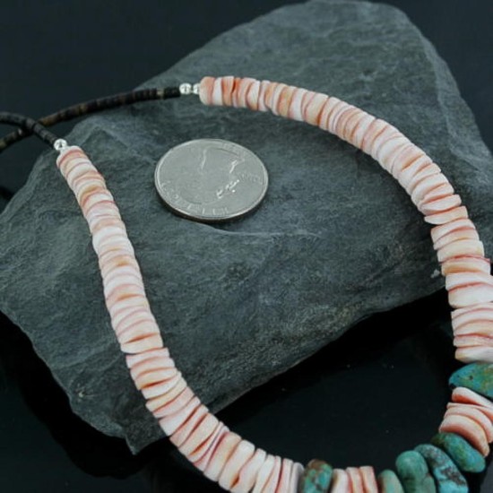 Certified Authentic Navajo .925 Sterling Silver Graduated Melon Shell and TurquoiseNative American Necklace 7501008-27