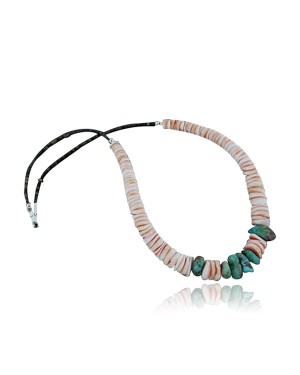 Certified Authentic Navajo .925 Sterling Silver Graduated Melon Shell and TurquoiseNative American Necklace 7501008-27