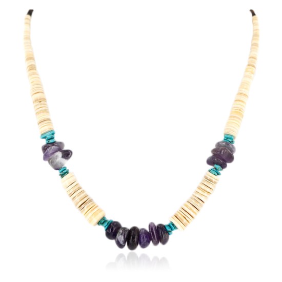 Certified Authentic Navajo .925 Sterling Silver Graduated Melon Shell Turquoise and Amethyst Native American Necklace 25249-2