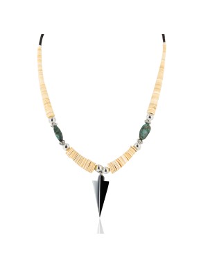 Certified Authentic Navajo .925 Sterling Silver Graduated Melon Shell Turquoise and Hematite Native American Necklace 25244