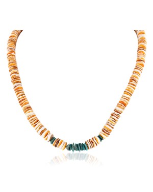 Certified Authentic Navajo .925 Sterling Silver Graduated Spiny Oyster Natural Turquoise Native American Necklace 16042