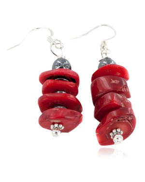 Certified Authentic Navajo .925 Sterling Silver Hooks Coral and Natural Hematite Dangle Native American Earrings 18160