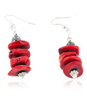 Certified Authentic Navajo .925 Sterling Silver Hooks Coral Hematite Dangle Native American Earrings 18131