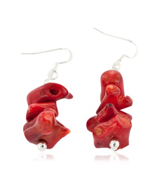 Certified Authentic Navajo .925 Sterling Silver Hooks Dangle Coral Native American Earrings 18129-1