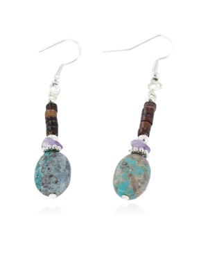Certified Authentic Navajo .925 Sterling Silver Hooks Dangle Natural Amethyst Turquoise Native American Earrings 18106-13