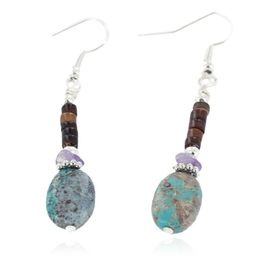 Certified Authentic Navajo .925 Sterling Silver Hooks Dangle Natural Amethyst Turquoise Native American Earrings 18106-13