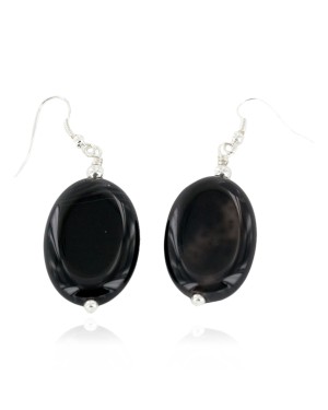 Certified Authentic Navajo .925 Sterling Silver Hooks Dangle Natural Black Onyx Native American Earrings 18119-1