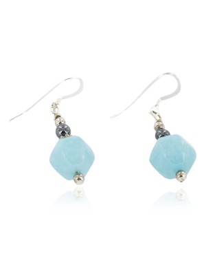 Certified Authentic Navajo .925 Sterling Silver Hooks Dangle Natural Blue Quartz Hematite Native American Earrings 18148-2