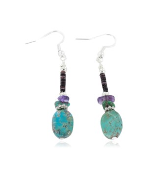 Certified Authentic Navajo .925 Sterling Silver Hooks Dangle Natural Turquoise Amethyst Native American Earrings 18106-16