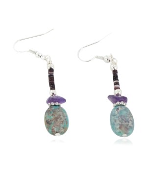 Certified Authentic Navajo .925 Sterling Silver Hooks Dangle Natural Turquoise Amethyst Native American Earrings 18106-4