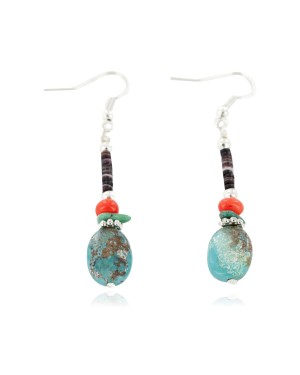 Certified Authentic Navajo .925 Sterling Silver Hooks Dangle Natural Turquoise Coral Heishi Native American Earrings 18106-7