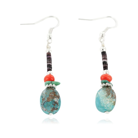Certified Authentic Navajo .925 Sterling Silver Hooks Dangle Natural Turquoise Coral Heishi Native American Earrings 18106-7
