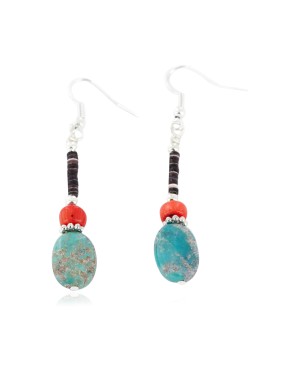 Certified Authentic Navajo .925 Sterling Silver Hooks Dangle Natural Turquoise Coral Native American Earrings 18106-15