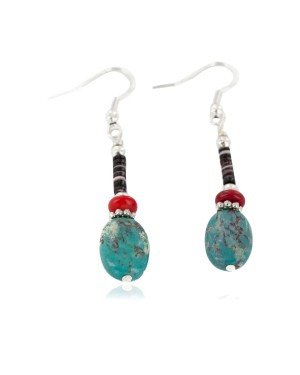 Certified Authentic Navajo .925 Sterling Silver Hooks Dangle Natural Turquoise Coral Native American Earrings 18106-44