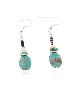 Certified Authentic Navajo .925 Sterling Silver Hooks Dangle Natural Turquoise Heishi Native American Earrings 18106-14