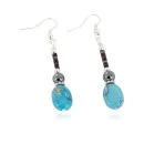 Certified Authentic Navajo .925 Sterling Silver Hooks Dangle Natural Turquoise Hematite Native American Earrings 18106-1