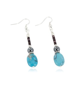 Certified Authentic Navajo .925 Sterling Silver Hooks Dangle Natural Turquoise Hematite Native American Earrings 18106-1