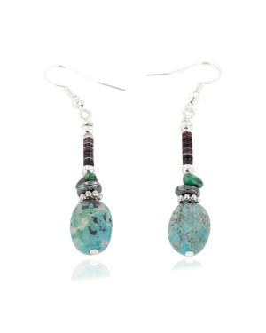 Certified Authentic Navajo .925 Sterling Silver Hooks Dangle Natural Turquoise Hematite Native American Earrings 18106-6
