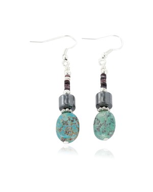 Certified Authentic Navajo .925 Sterling Silver Hooks Dangle Natural Turquoise Hematite Native American Earrings 18106-9