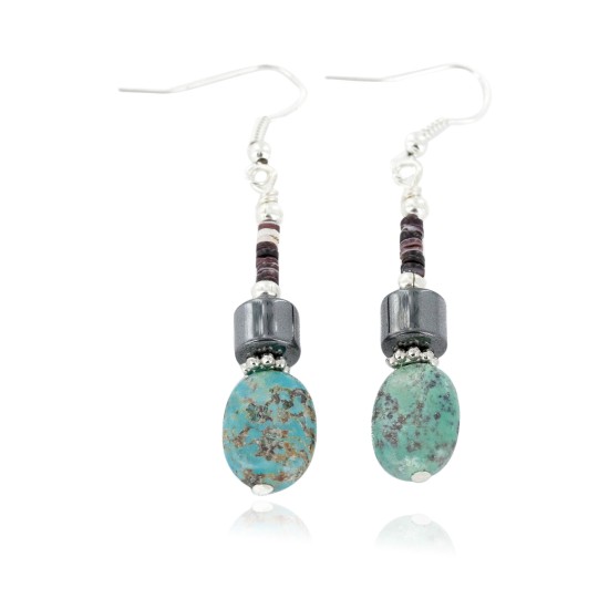 Certified Authentic Navajo .925 Sterling Silver Hooks Dangle Natural Turquoise Hematite Native American Earrings 18106-9
