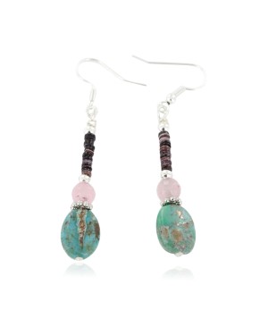 Certified Authentic Navajo .925 Sterling Silver Hooks Dangle Natural Turquoise Pink Quartz Native American Earrings 18106-10