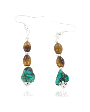 Certified Authentic Navajo .925 Sterling Silver Hooks Dangle Natural Turquoise Tigers Eye Native American Earrings 18126