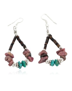 Certified Authentic Navajo .925 Sterling Silver Hooks Natural Charoite Turquoise Heishi Hoop Native American Dangle Earrings 18263-32