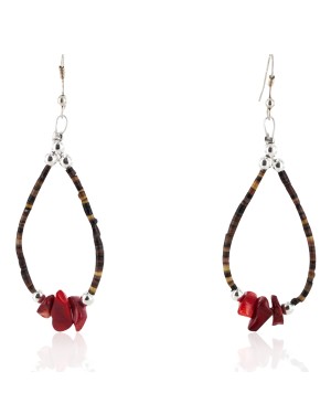 Certified Authentic Navajo .925 Sterling Silver Hooks Natural CORAL and Heishi Hoop Native American Earrings 18059