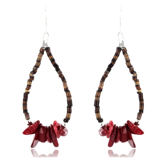 Certified Authentic Navajo .925 Sterling Silver Hooks Natural Coral and Traditional Heishi Native American Earrings 390755545306