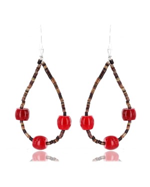 Certified Authentic Navajo .925 Sterling Silver Hooks Natural Coral Traditional Hieshi Native American Earrings 390762299853