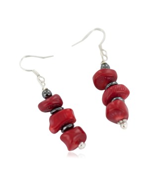 Certified Authentic Navajo .925 Sterling Silver Hooks Natural Hematite Coral Native American Dangle Earrings 97003