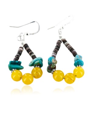 Certified Authentic Navajo .925 Sterling Silver Hooks Natural Turquoise Agate Heishi HOOP Native American Earrings 18081-1